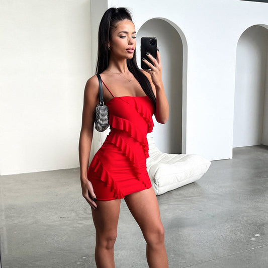Ruffled Stitching Tube Top Backless Mini Dress
