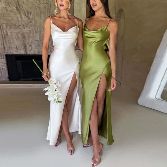 "Exquisite Elegance: Backless High Slit Suspender Dress"
