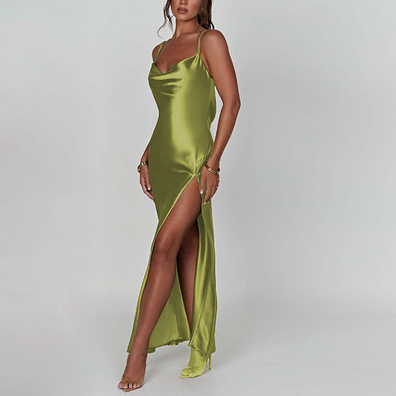 "Exquisite Elegance: Backless High Slit Suspender Dress"