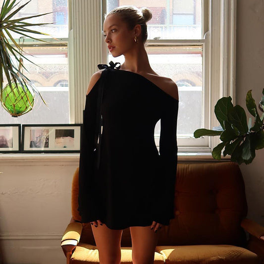 Chic Slant Neck Splicing Dress Fashionable High Waist Wrap Hip Design