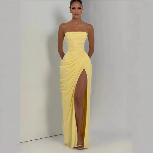 Strapless Dress Sexy Mesh Yellow High Split Long Gown